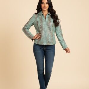 Dialogue Women's Aqua Snake Print Leather Jacket